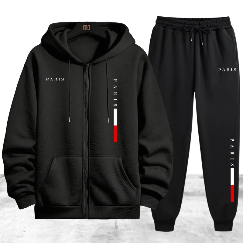 Jacket Winter Clothing - メンズコートトラックスーツ2点セット カジュアルジップアップフード付きスウェットシャツ ストリートスポーツジョギングウェア 秋冬用シングルジャケットトップスパンツ