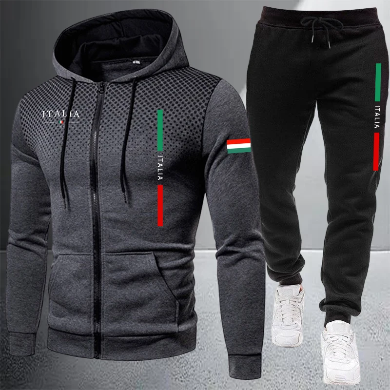 Winter Clothes - メンズトラックスーツカジュアルジップフード付きスウェットシャツコートアウトドアスポーツジョギング服秋冬シングルミックスアンドマッチジャケットパンツ