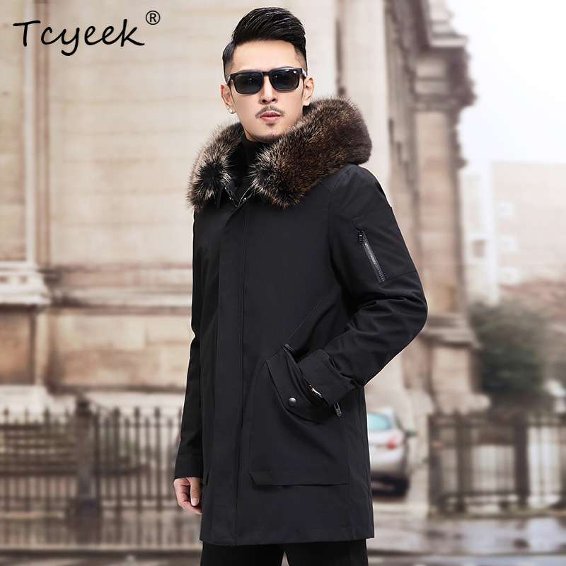 Warm Winter Clothing - Tcyeek スライバーフォックスファー襟付き冬用ジャケット メンズ 暖かいラビットファー裏地付き 取り外し可能なコート メンズ服