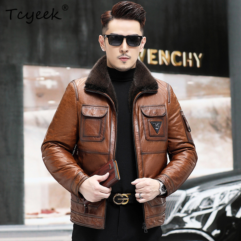 Warm Winter Clothing - Tcyeek トップレイヤーシープスキン本革ジャケット メンズ服 暖かい冬用ジャケット ミンクリアルファー メンズジャケット