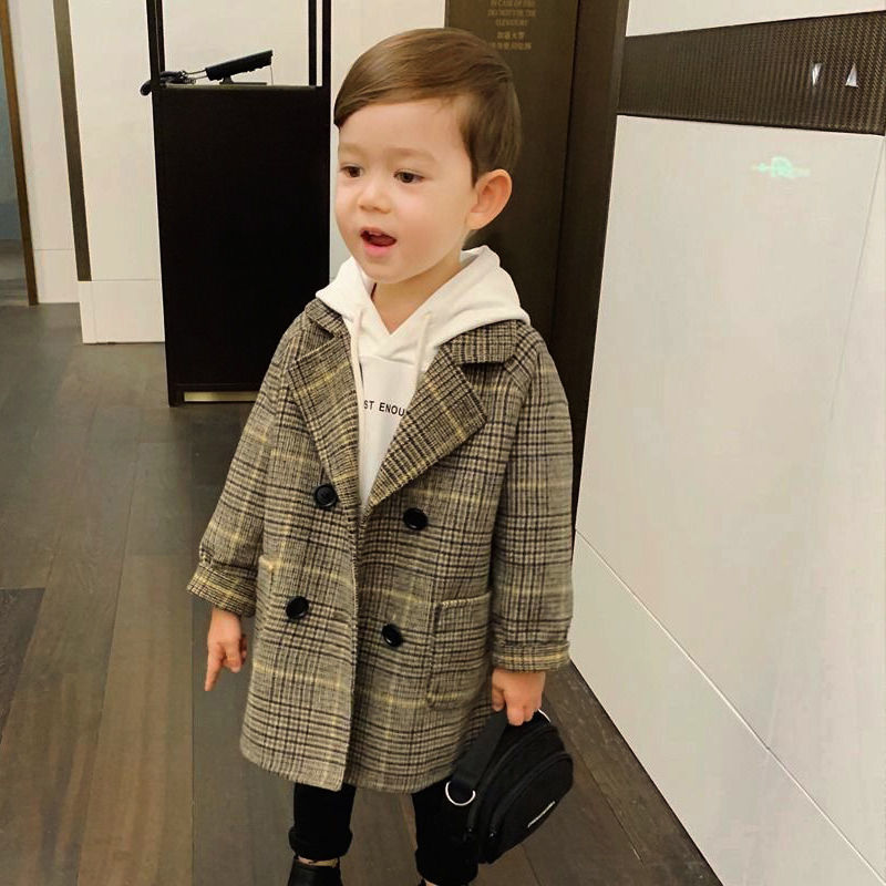 Winter Clothing For Toddlers - 子供用ラペル付きダブルブレストトレンチコート,男の子と女の子用のグリッドジャケット,冬用ウールコート,子供用アウター