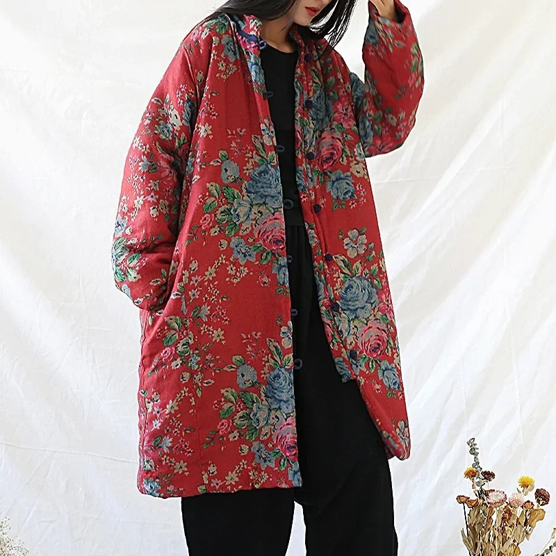 Warm Winter Clothing - 中国風の服暖かい綿プリントフラワーコートローブ 2024 冬の新ルーズレトロ女性ヴィンテージパーカー 13 NM33
