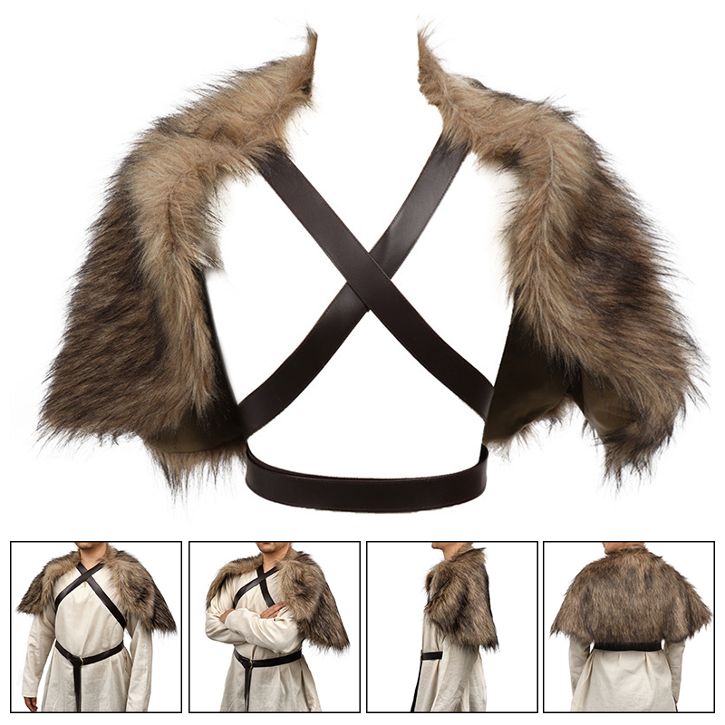 Jacket Winter Clothing - バイキングマント フェイクファー襟付きケープ 中世冬服 キングウォリアーショール 胸ストラップ付きマント ハロウィンコスプレ衣装