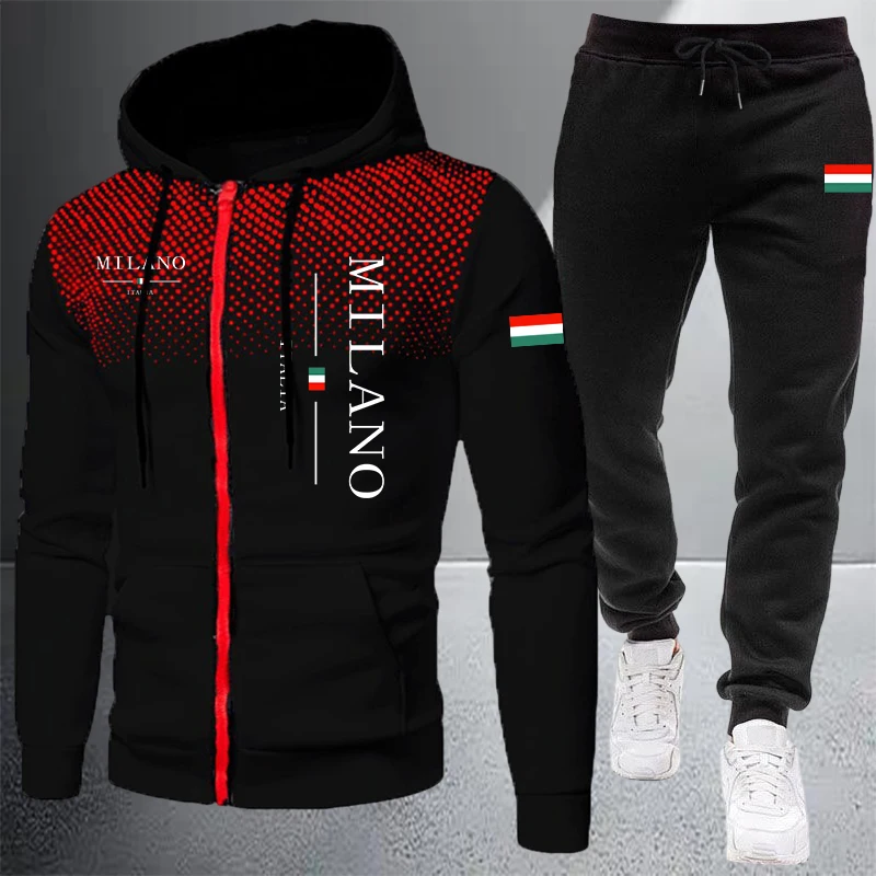 Winter Clothes - 秋冬メンズジャケットトラックスーツプリントジップフード付きスウェットシャツコートアウトドアスポーツ服2026カジュアルシングルトップスパンツ