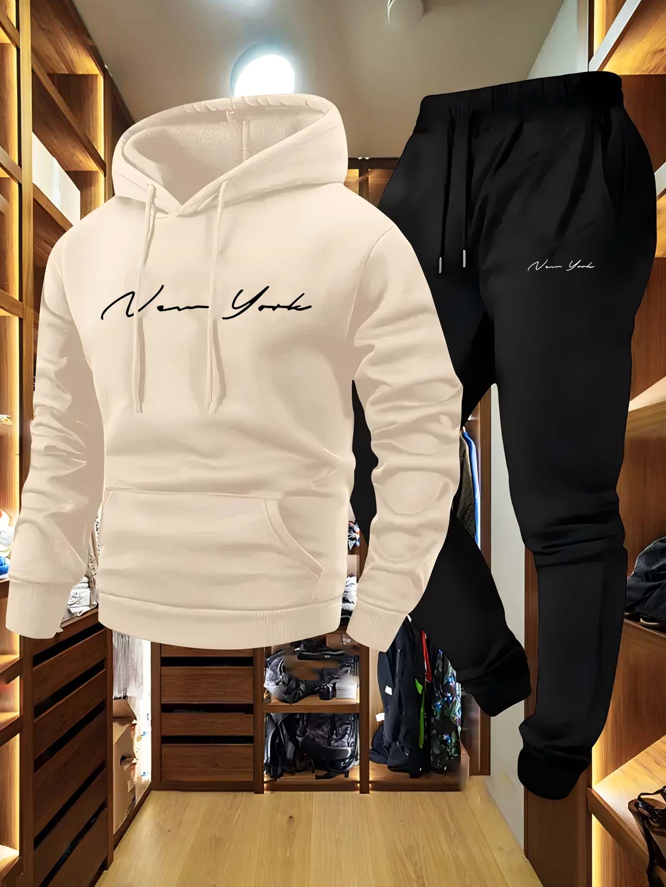 Winter Clothes - 2026年ニューヨークテーマメンズソフトフード付きスウェットシャツとスウェットパンツセット、オールシーズン快適なアスレチックウェア、トラックスーツ服