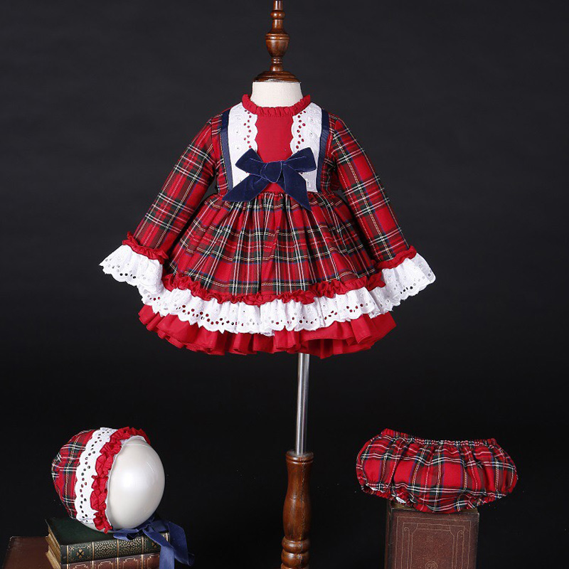 Winter Clothing For Toddlers - 女の赤ちゃん秋冬クリスマス赤チェック柄ヴィンテージスペインポンポンボールプリンセスドレス綿ロリータパーティー服帽子パンツ C5