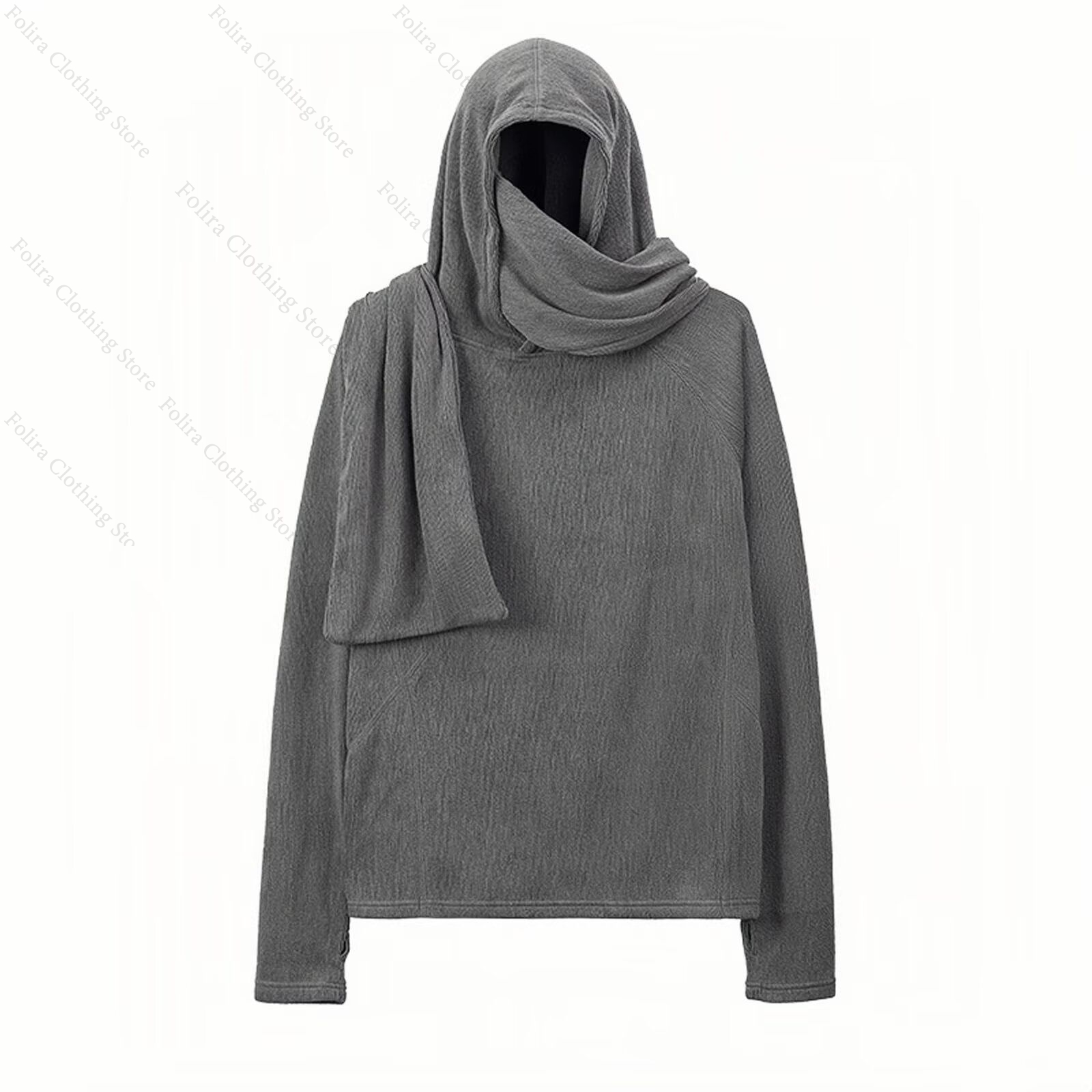 Winter Clothes - 原宿スタイル長袖Tシャツ、グレーのフード付きシャツ、男性用、マフラー付きプルオーバー、冬服、ストリートウェア