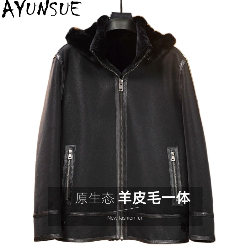 Warm Winter Clothing - AYUNSUE 黒リアルファーコート男性服暖かいフード付き冬天然ムートンジャケット肥厚本物のメンズレザーファーコート