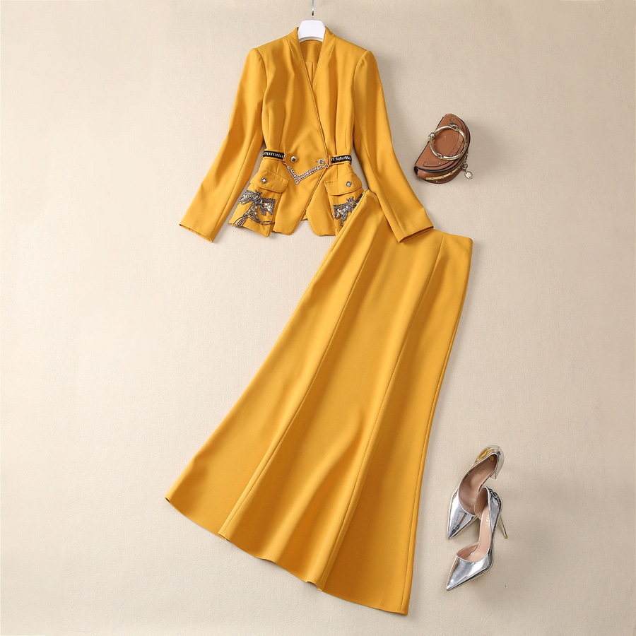 Jacket Winter Clothing - ヨーロッパとアメリカの婦人服 2025 春の新長袖 V ネックチェーンビーズジャケットフィッシュテールスカートファッションスーツ XXXL