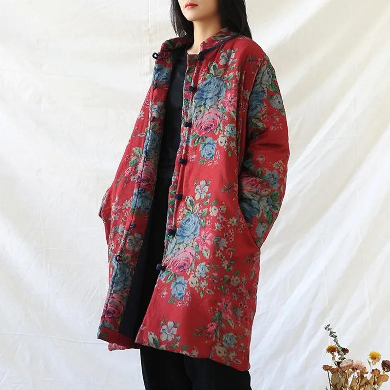 中国風の服暖かい綿プリントフラワーコートローブ 2024 冬 - Warm Winter Clothing のレビューと価格