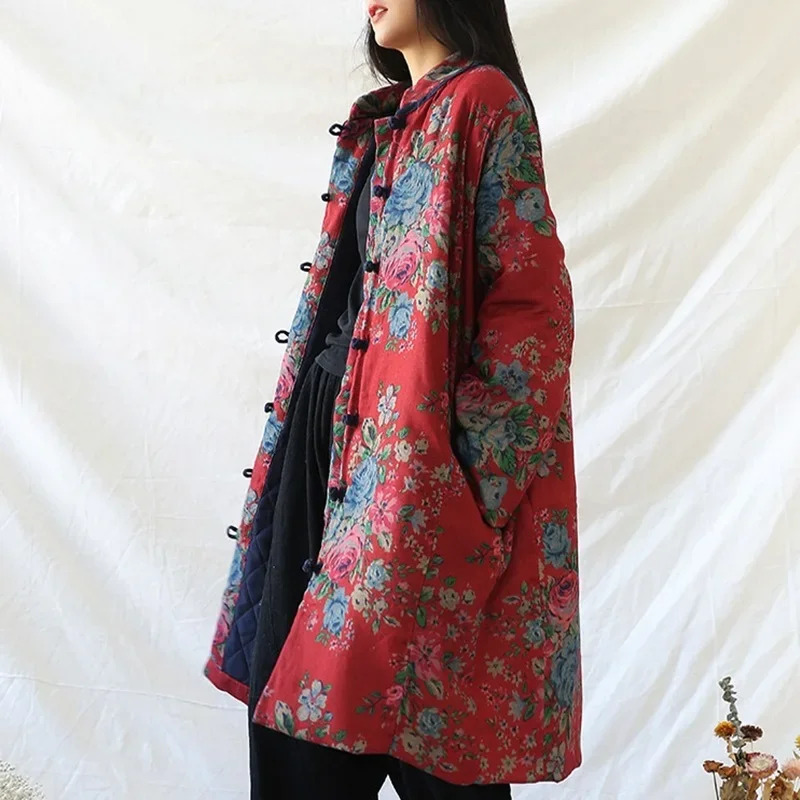 中国風の服暖かい綿プリントフラワーコートローブ 2024 冬 - Warm Winter Clothing のレビューと価格