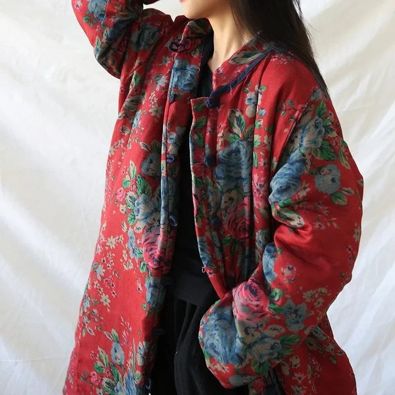 中国風の服暖かい綿プリントフラワーコートローブ 2024 冬 - Warm Winter Clothing のレビューと価格