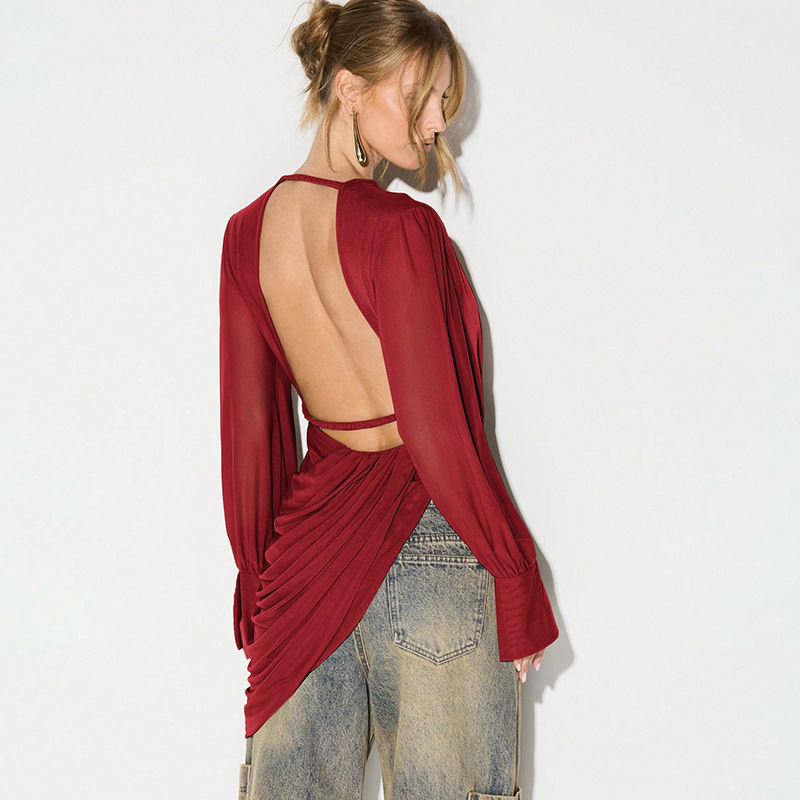 Vネックメッシュトップス無地Tシャツ2026秋高級服ファッシ - Winter Clothes のレビューと価格