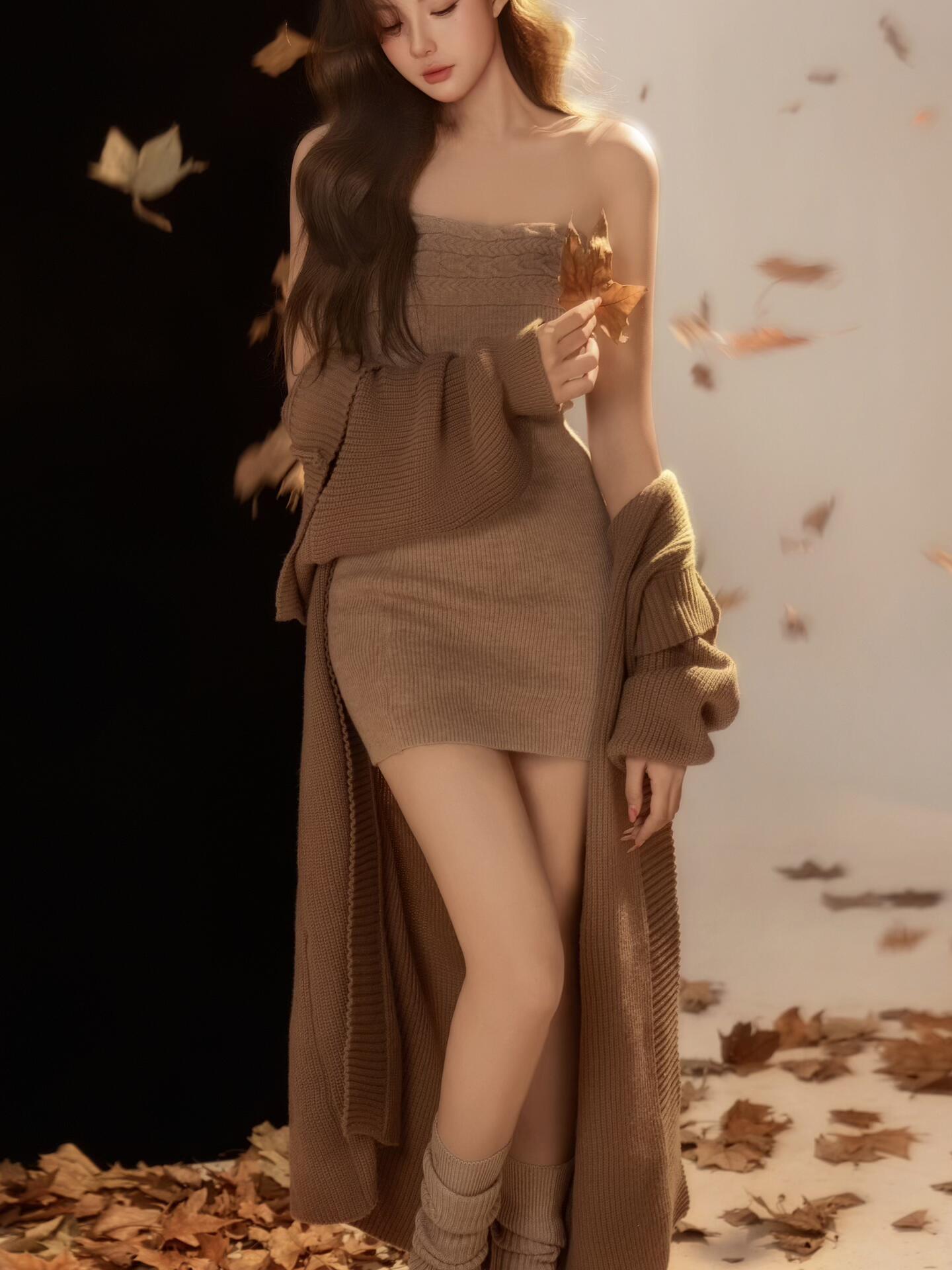 秋冬ブラウンニットストラップレスセット女性の怠惰なスタイルの - Winter Clothing Photo のレビューと価格