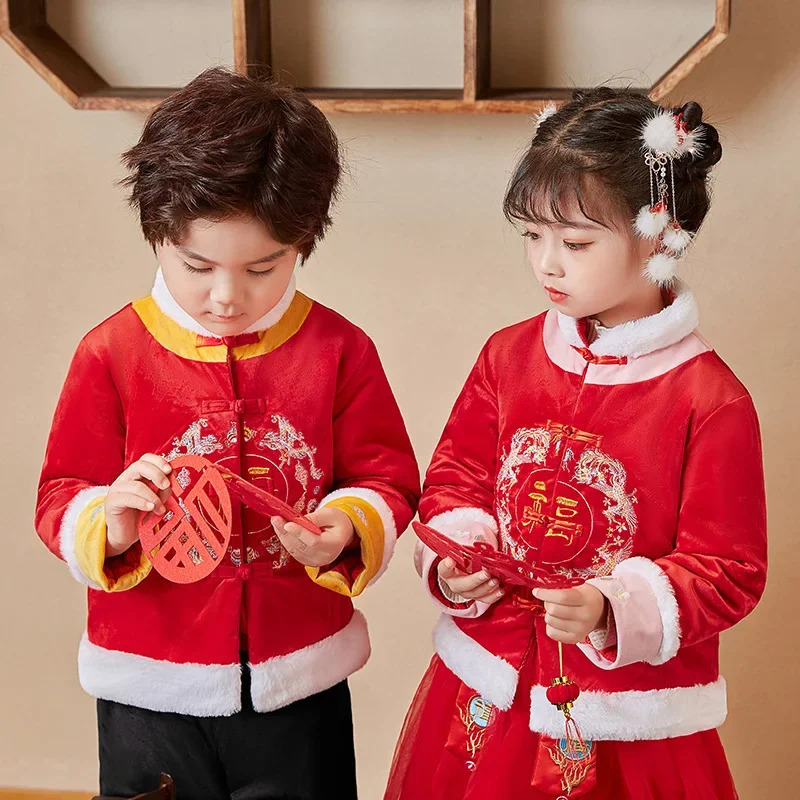 伝統的な服子供男の子女の子唐装韓服中国の新年衣装ベルベットコ - Jacket Winter Clothing のレビューと価格