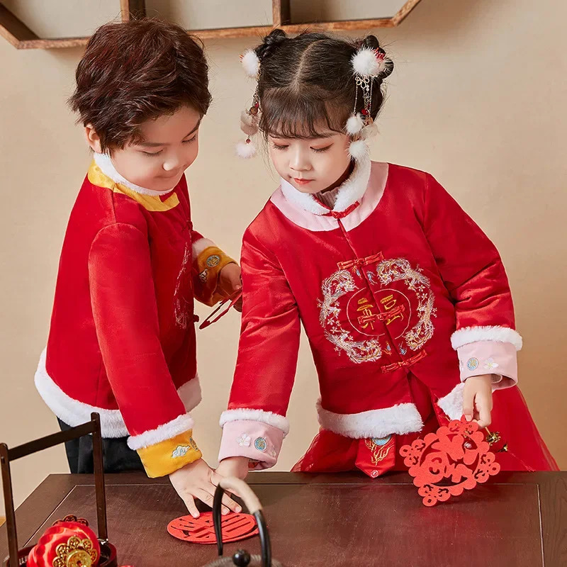 伝統的な服子供男の子女の子唐装韓服中国の新年衣装ベルベットコ - Jacket Winter Clothing のレビューと価格